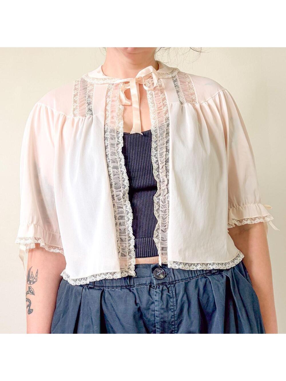 Fairycore Vintage Top Coquette Lace Sheer Bow Delicate Sleep Jacket Nightie